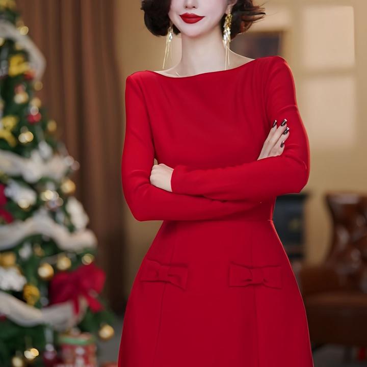 【妍真定制】秋冬款气质红色优雅轻奢中长款收腰连衣裙-DJ10093