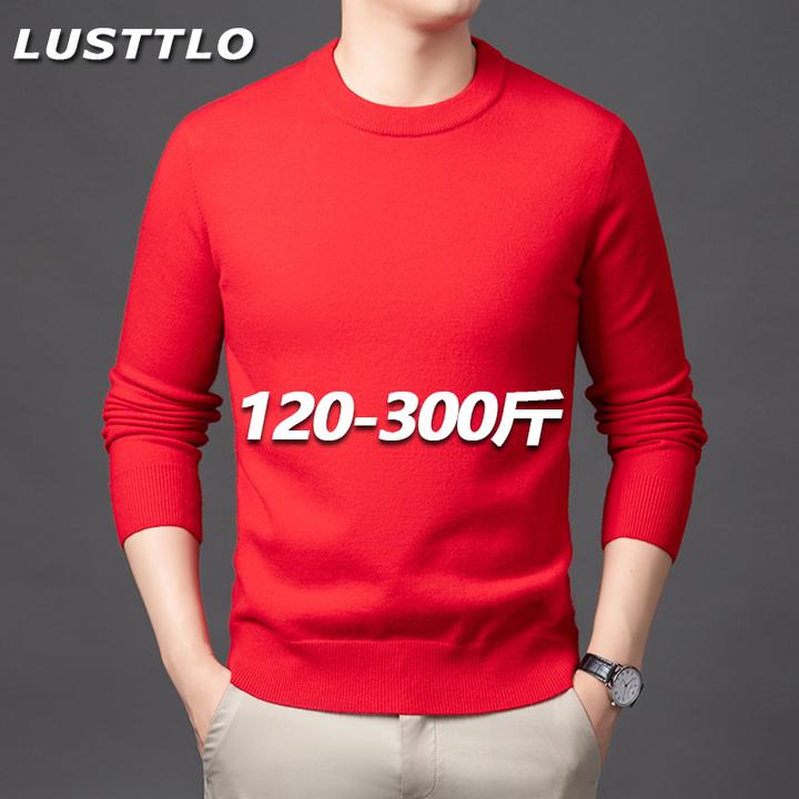 冬季男士大码新年红色喜庆圆领仿羊绒衫毛衣时尚耐磨打底针织上衣