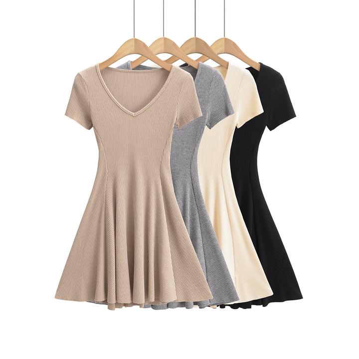 -25春季新款欧美风辣妹性感V领短袖气质针织A字裙连衣裙