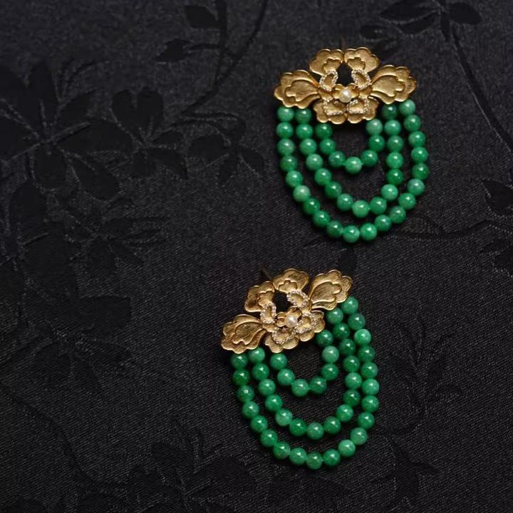 耳饰三圈绿色牡丹花黄金色耳钉国潮轻奢复古汉服旗袍耳环金