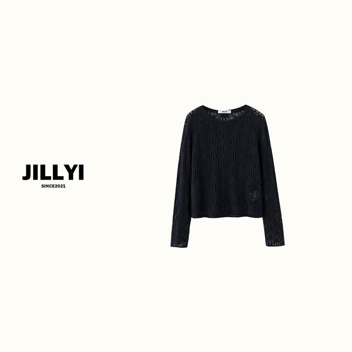 jillyi【深蓝派对】深蓝色圆领镂空长袖时尚百搭休闲风针织衫