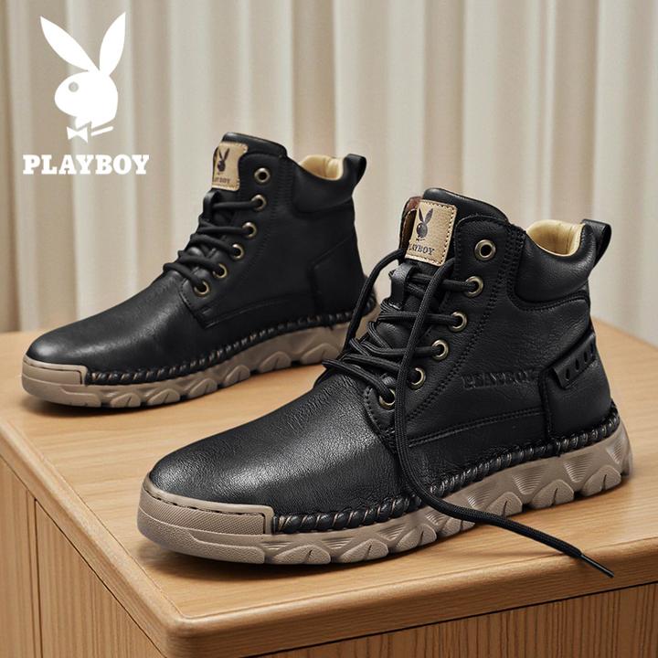 花花公子马丁靴男款秋冬2025新款英伦风高帮休闲鞋皮面增高工装鞋