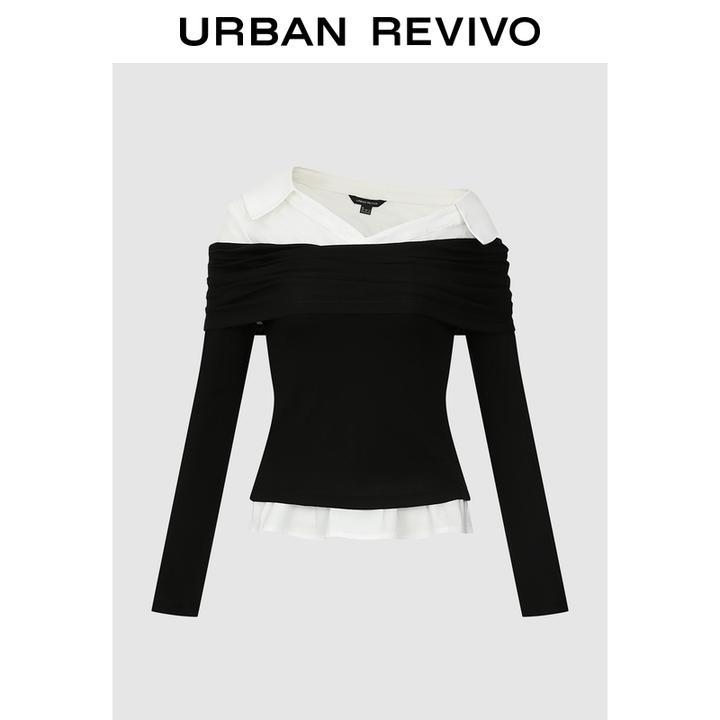 UR2025秋季新款女装假两件拼接斜肩领长袖T恤UWG450205+