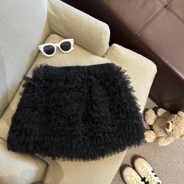 少女感层层荷叶边网纱半身裙高腰显瘦不规则松紧腰蓬蓬短裙女