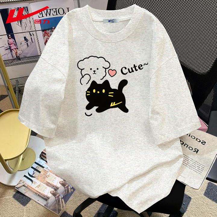 回力夏季夏装纯棉短袖T恤男女宽松运动情侣装圆领多巴胺嘻哈穿搭