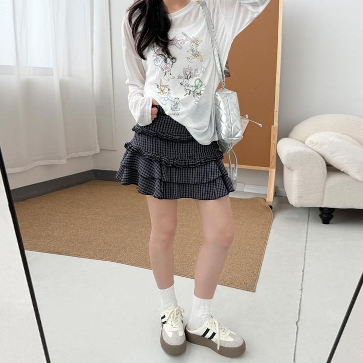 格子半身裙女2025新款夏季时尚不规则荷叶边高腰蛋糕裙子显瘦短裙