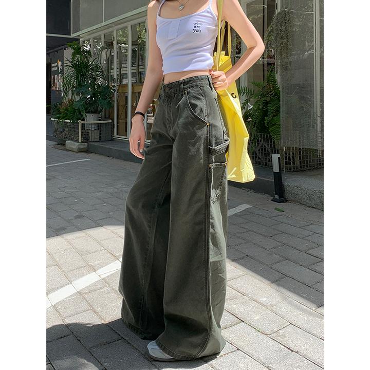 美式低腰弯刀工装裤女秋季2025新款小个子休闲宽松阔腿拖地牛仔裤