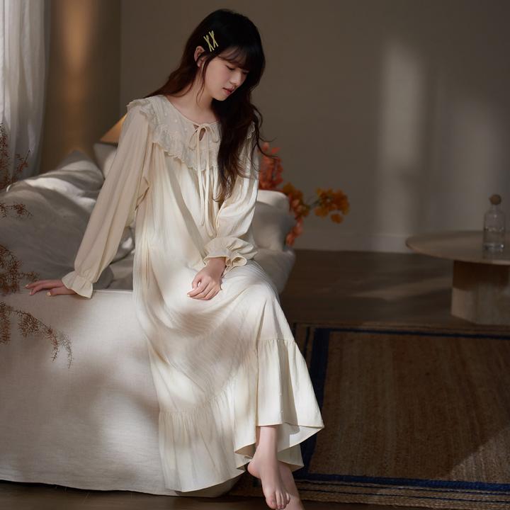 马克公主法式长袖睡裙女秋季新款温柔公主风超长款睡衣甜美连衣裙