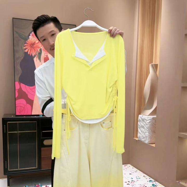 【亮哥女装】2025柠檬黄时尚感穿搭V领修身防晒T恤上衣3238A/7281A