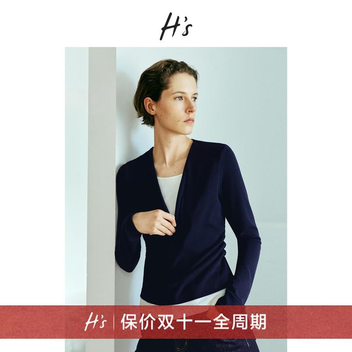 H'S撞色修身针织上衣女25秋新款高级休闲V领假两件套头衫