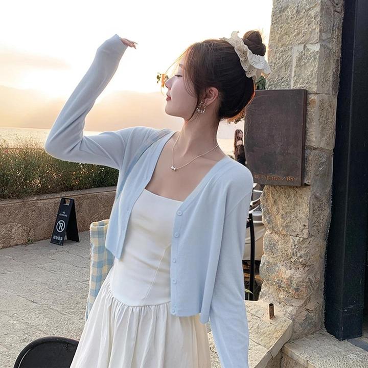 蓝色防晒罩衫薄款女夏吊带裙加开衫早秋穿搭带披肩针织上衣两件套