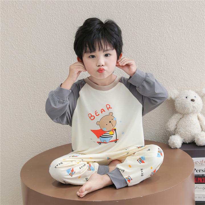 儿童睡衣男童莫代尔夏季长袖薄款小男孩空调服春秋宝宝家居服套装