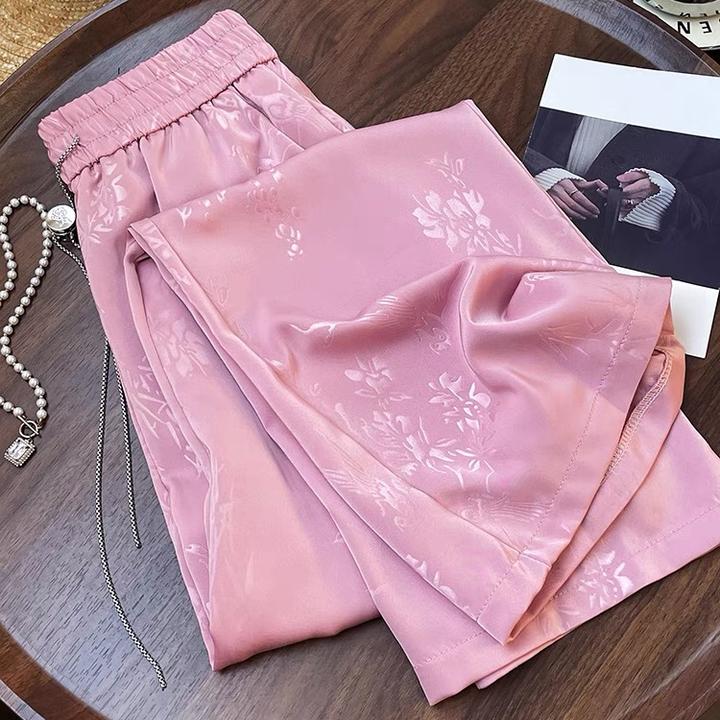 新中式气质提花粉色阔腿裤2025女夏季新款时尚高腰宽松显瘦直筒裤