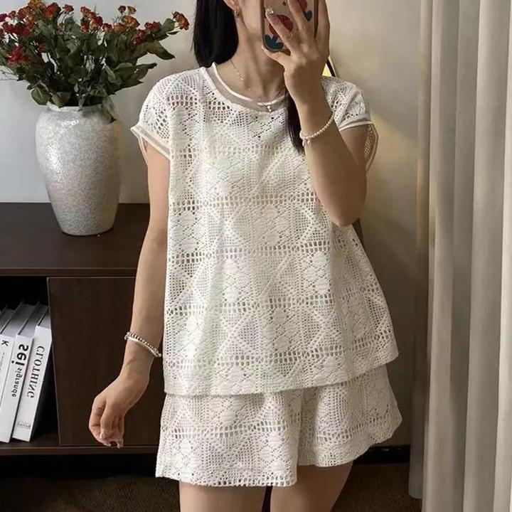 重工蕾丝三件套女 2025新款短袖短裤套装 镂空高级宽松