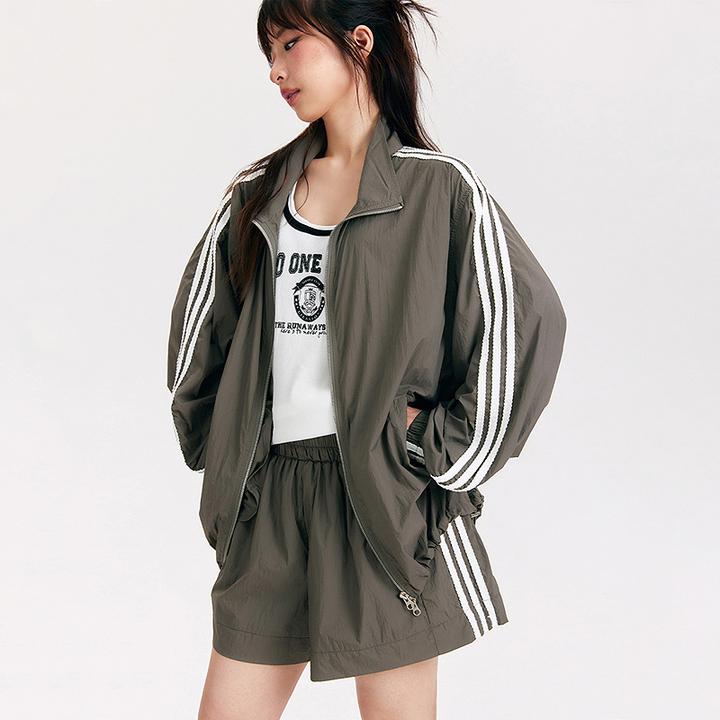 NO ONE ELSE美式复古女装秋季运动条纹长袖机能夹克抽绳翻领外套