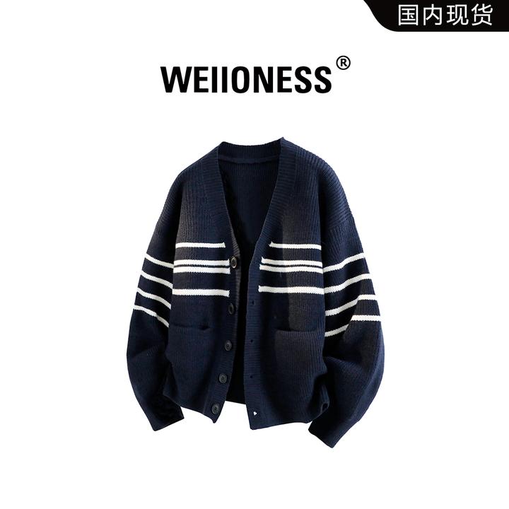 WEIIONESS美式开衫毛衣男款秋季条纹休闲针织外套高级感男生衣服