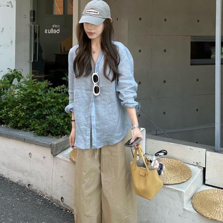 巨好看的夏季韩里韩气穿搭独特绝美蓝色衬衫阔腿裤休闲宽松套装女
