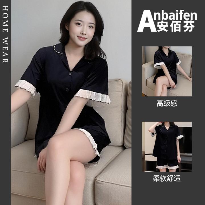 可外穿夏季气质黑色睡衣女蕾丝花边翻领开衫简约宽松显瘦短袖短裤