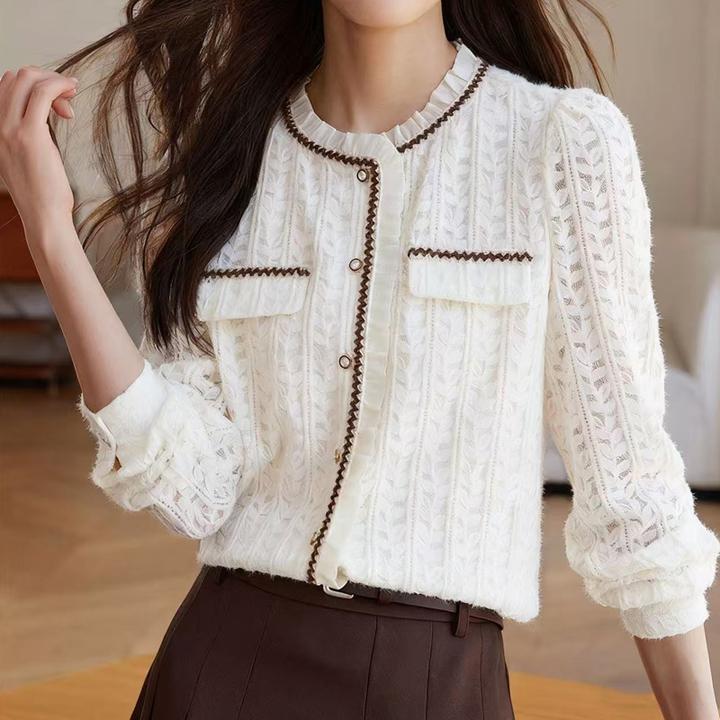 KALUOLAI/卡洛莱韩版小香风蕾丝衬衫女新款长袖洋气减龄打底上衣