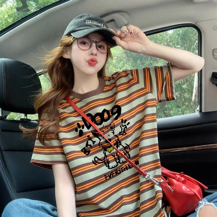条纹印花短袖T恤女2025新款夏季设计感宽松减龄上衣