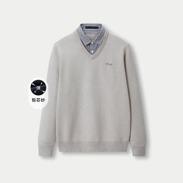 【包芯纱面料】男士秋季V领针织衫长袖防风透气内搭保暖毛衣假两件
