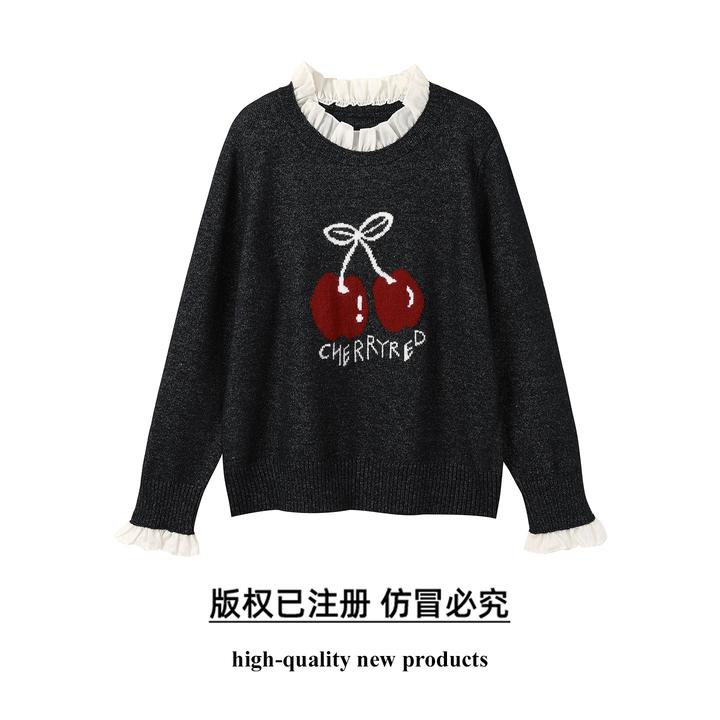 奢姿大码女装2025秋季胖妹妹时尚减龄樱桃图案气质花边装饰针织衫