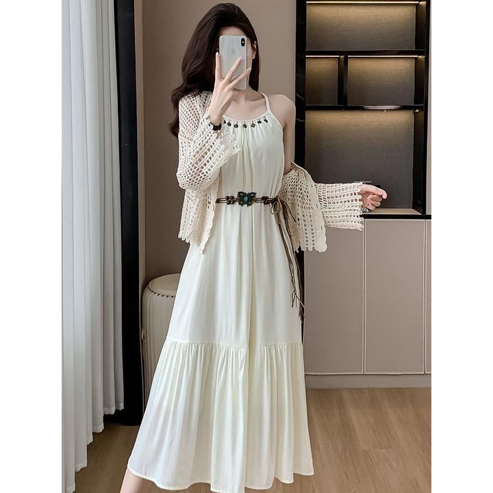 波西米亚吊带连衣裙两件套装女夏季新款法式超仙森系海边度假长裙