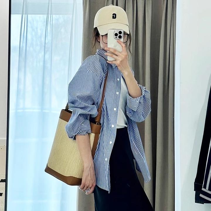 2025早春时尚法式条纹衬衫女士内搭叠穿长袖职场轻熟风衬衣小个子