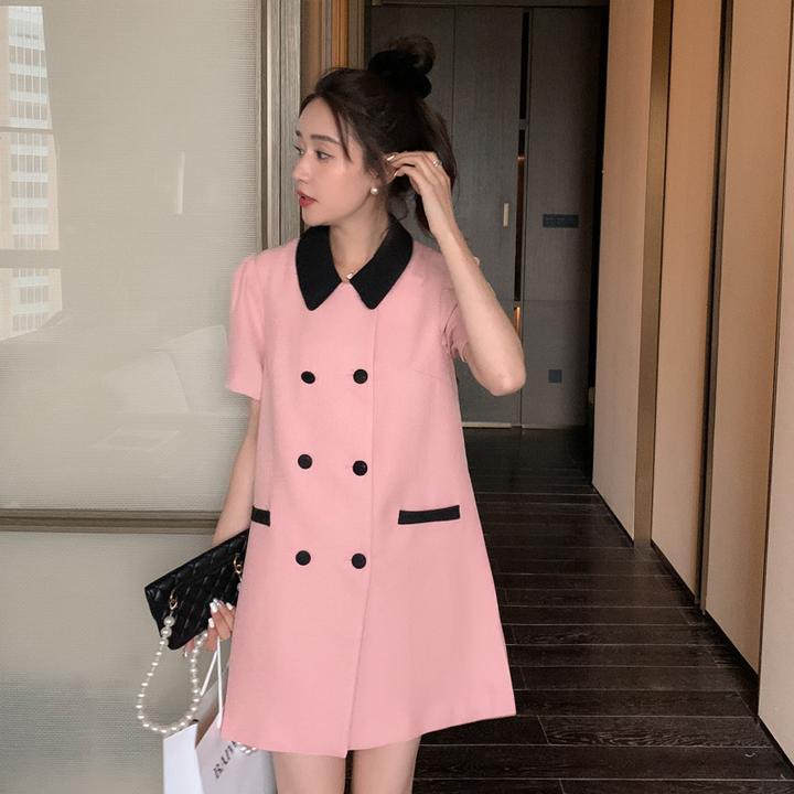 实拍粉色连衣裙女夏2024新款法式气质温柔风感显瘦A字短裙子