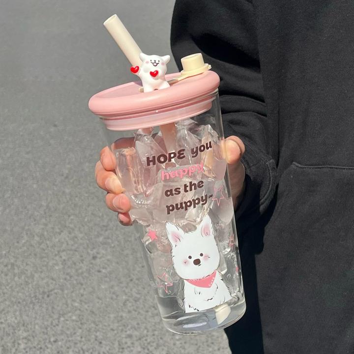 恒度新款夏天可爱小狗大容量玻璃杯高颜值学生水杯带吸管便携杯子