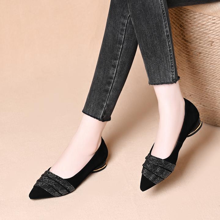 法式尖头羊皮绝美亮片浅口单鞋女秋季外穿粗跟不累脚一脚蹬通勤鞋