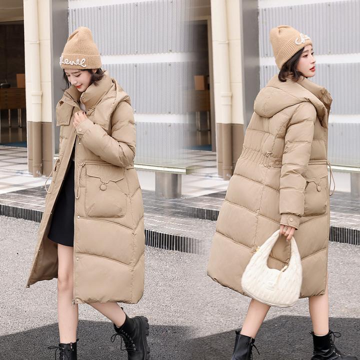 2024新款过膝服女加长款冬季外套收腰加厚连帽棉衣外套女