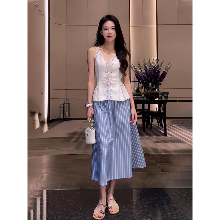 日系复古重工设计感蕾丝吊带背心A字伞型蛋糕条纹裙套装女2025夏