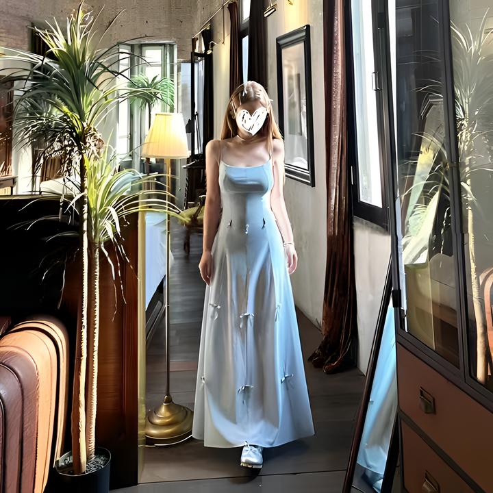 棉昭多重甜妮收腰显瘦中长款吊带连衣裙女短裙修身重工蝴蝶结短裙