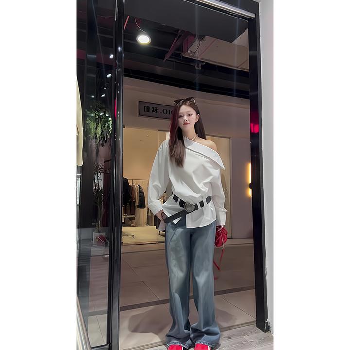 早春穿搭一整套女装纯欲风白色不规则长袖斜肩衬衫上衣高腰阔腿裤