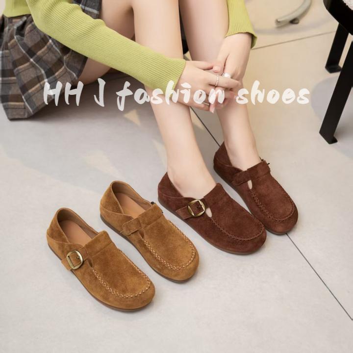 真皮全包勃肯单鞋女2025秋季新款复古一字带平底乐福鞋软底豆豆鞋