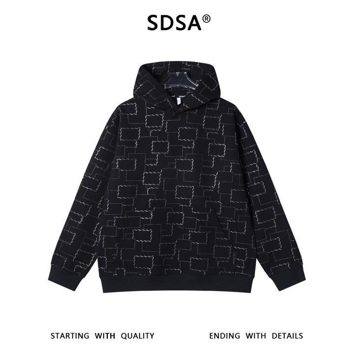 SDSA秋冬新款痞帅男装复古不规则图形滴胶连帽连帽卫衣百搭宽松