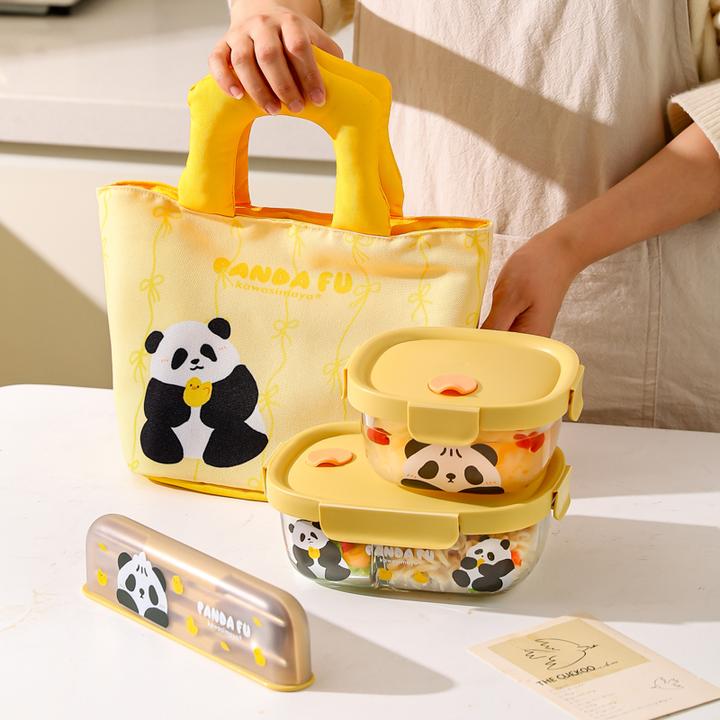 川岛屋熊猫玻璃饭盒微波炉加热专用上班族带饭餐盒水果便当保鲜盒