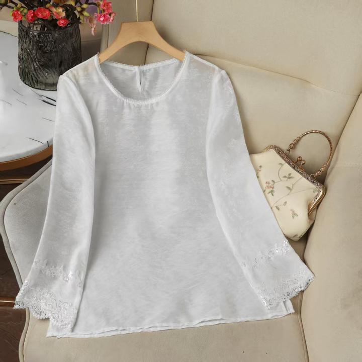 新中式国风圆领罩衫轻薄款钉珠刺绣时尚百搭T恤上衣510