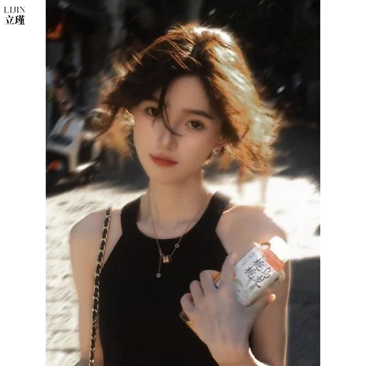 黑色挂脖针织小背心女士内搭可外穿早秋季打底衫修身显瘦无袖上衣