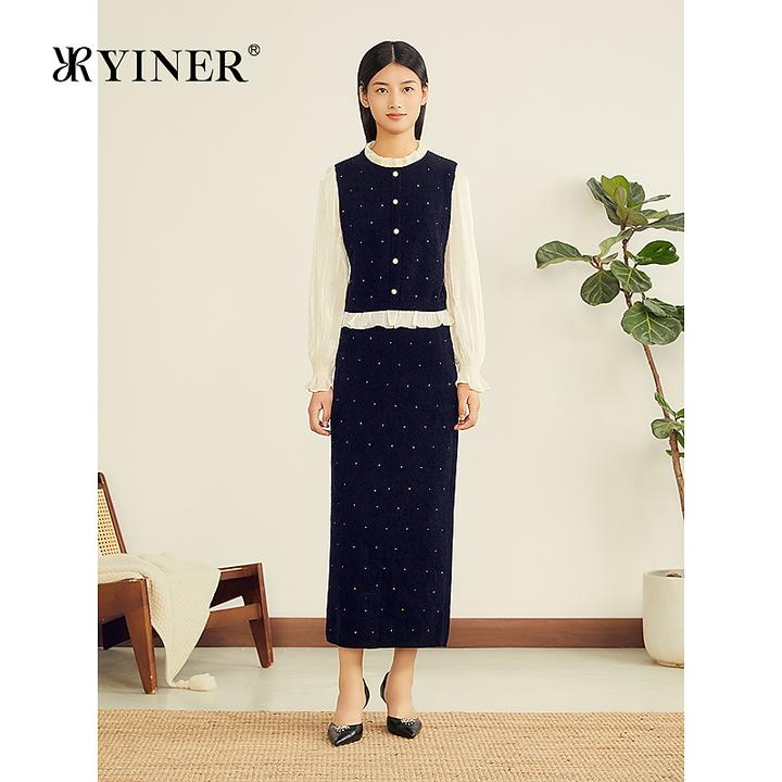 YINER音儿专选2025冬季新款法式天鹅绒拼接木耳边假两件针织衫