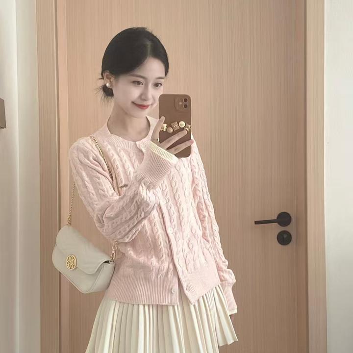 粉色假两件针织开衫外套女秋季2025新款韩系chic别致穿搭慵懒上衣