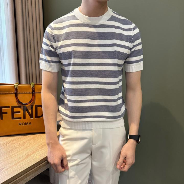 WUSHE物社高级感【冰丝短袖】休闲圆领T恤男夏款针织半袖条纹打底衫