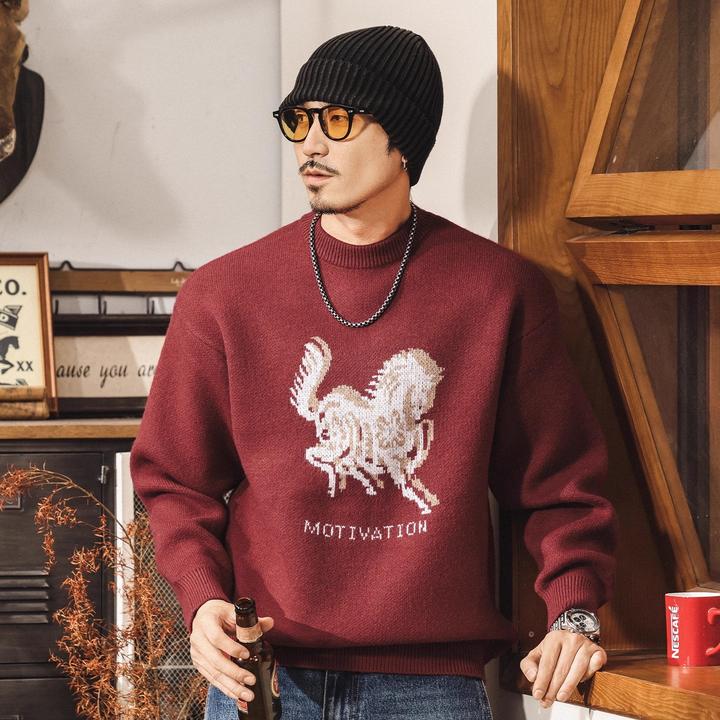 美式复古重磅绒感红色毛衣男款冬季加厚保暖毛线衣宽松男士针织衫
