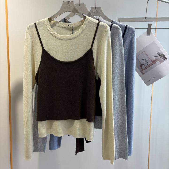 【欧加粒粒】慵懒松弛绑带打结背心长袖圆领T恤针织衫 W25082703