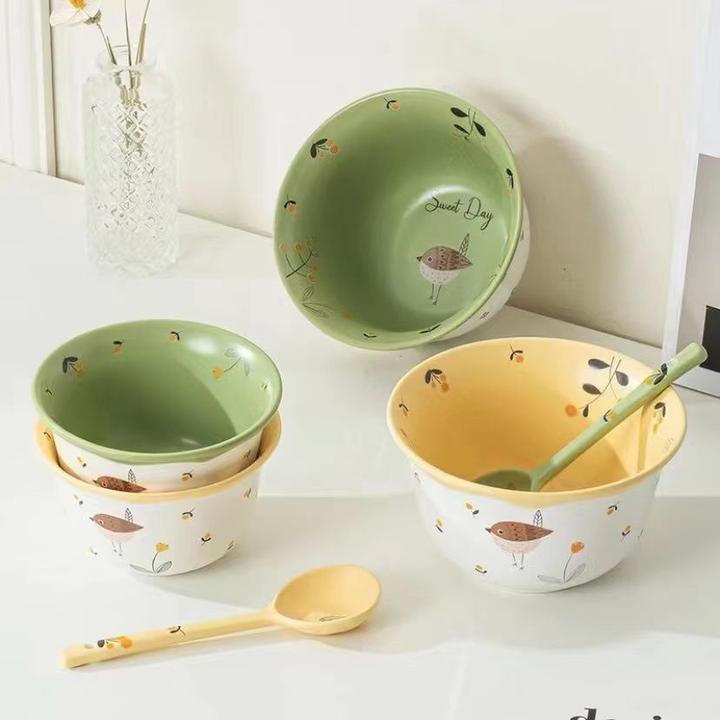 鸟语花香陶瓷餐具6英寸面碗勺子面碗家用面碗创意碗盘餐具个人