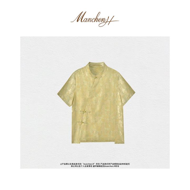 曼辰manchenh"金麟牡丹"重磅桑蚕丝鎏金花萝新中式上衣