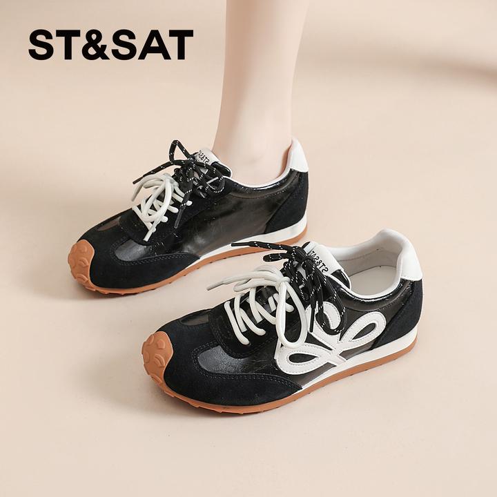 星期六黑色德训鞋女2025秋季女鞋鞋子平底运动百搭休闲女款小黑鞋