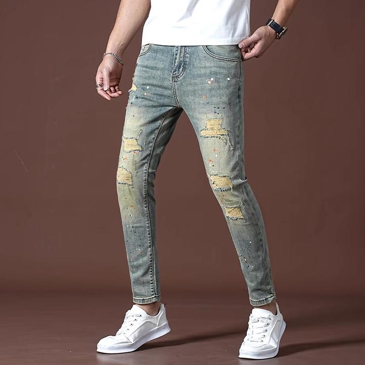 新款时尚破洞补丁复古黄泥牛仔裤男士修身小脚显瘦弹力男士长裤子