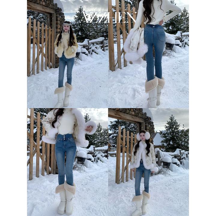 AZZHEN【天使之翼】高腰四面弹烫钻工艺加绒加厚小脚裤